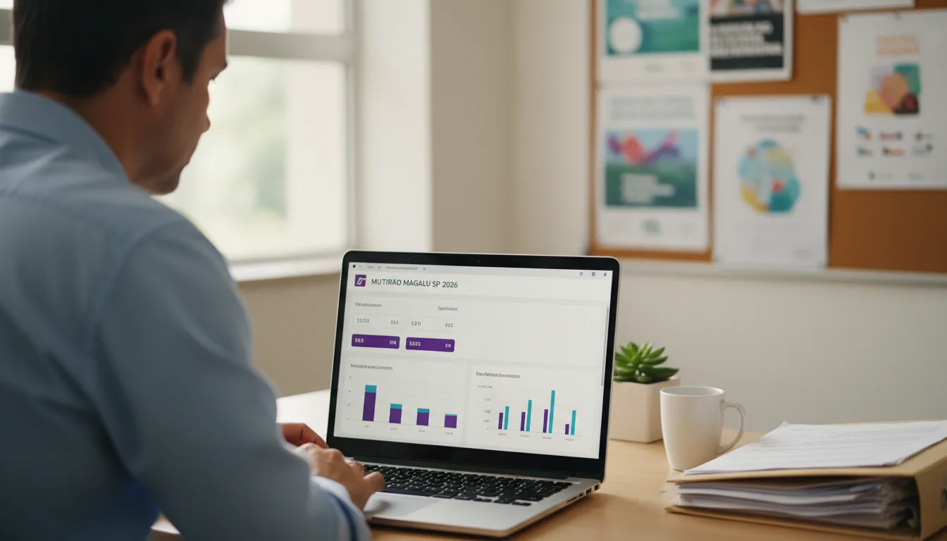Secretário em sala de gestão com um laptop exibindo o dashboard analítico roxo da Plataforma Mobiliza
